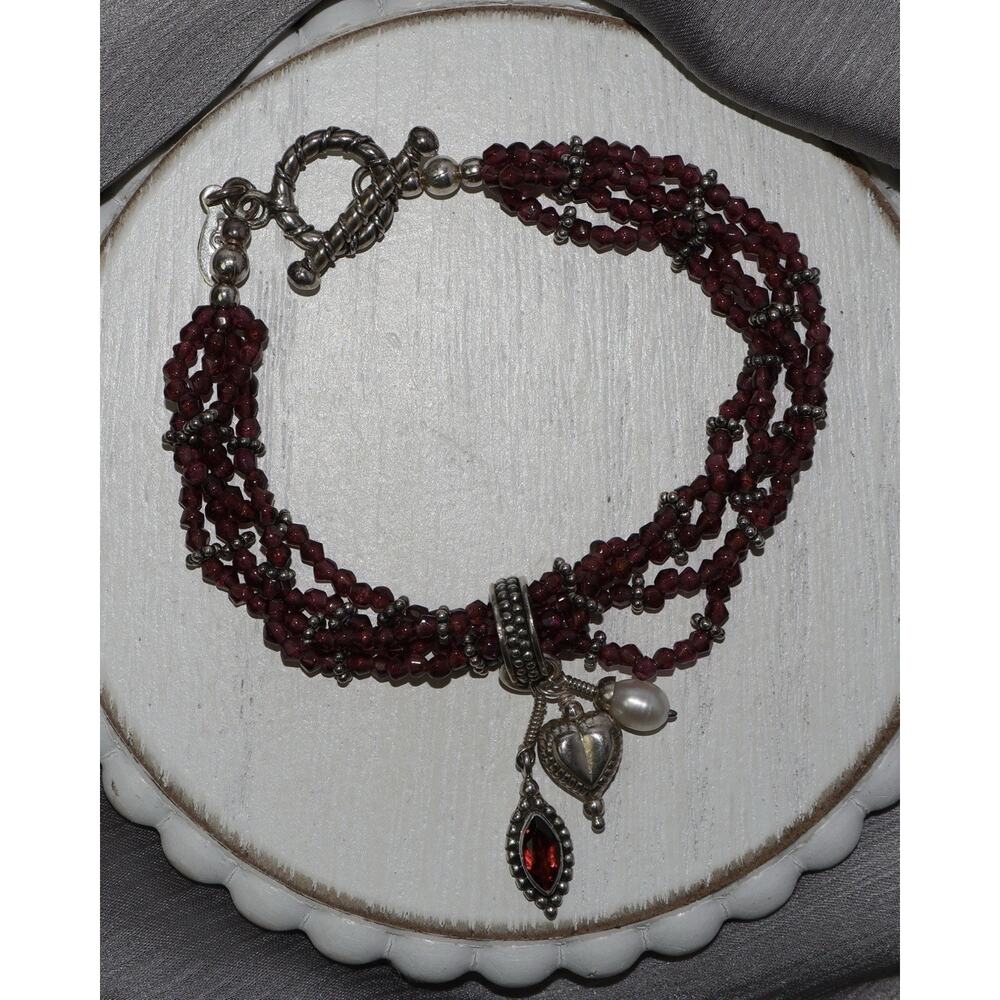 Vintage Doug Paulus Sterling Garnet Multi-strand Bracelet 19.7G / 7.6in